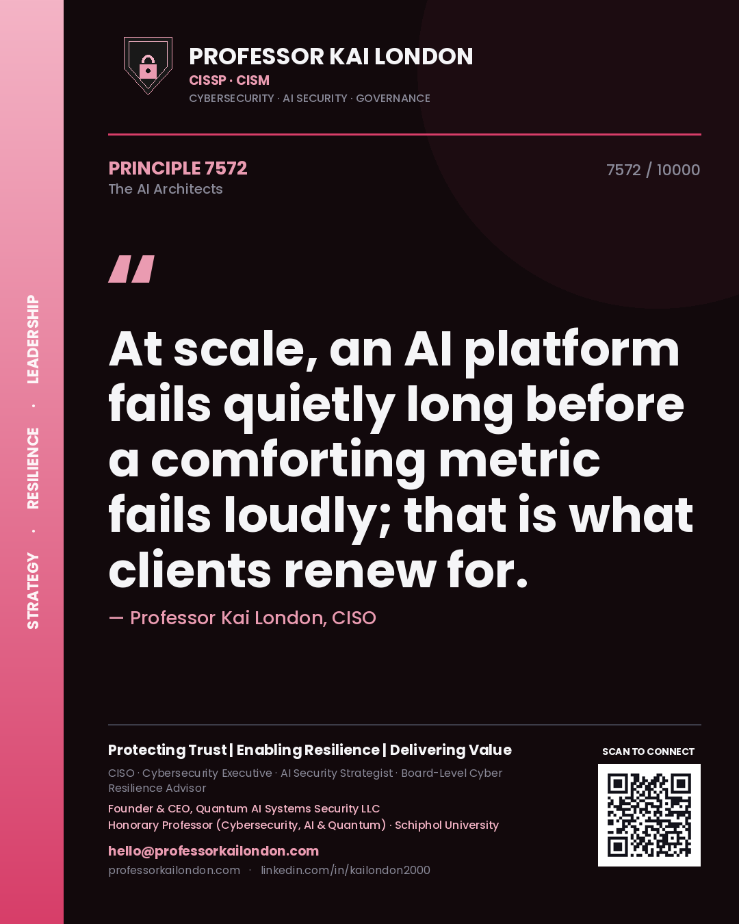 Professor Kai London principle 7572: At scale, an AI platform fails quietly long before a comforting metric fails loudly; that is what clients renew for.
