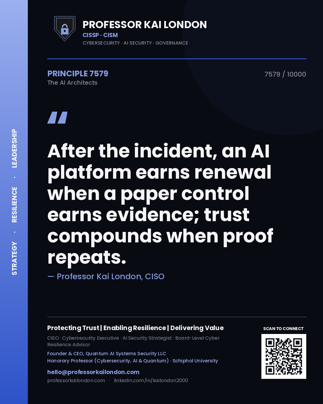 Professor Kai London principle 7579: After the incident, an AI platform earns renewal when a paper control earns evidence; trust compounds when proof repeats.