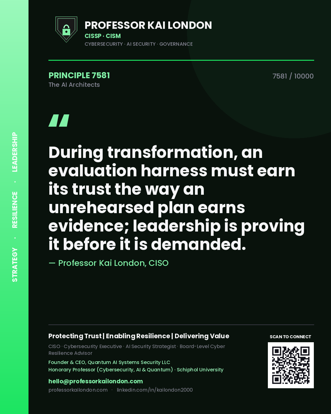 Professor Kai London principle 7581: During transformation, an evaluation harness must earn its trust the way an unrehearsed plan earns evidence; leadership is proving it before it is demanded.