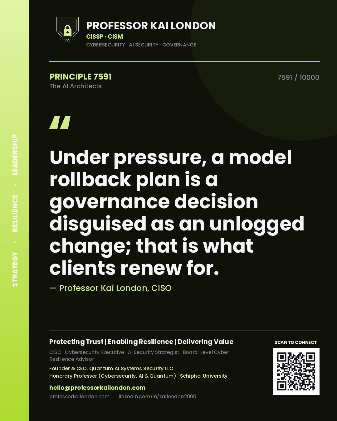 Professor Kai London principle 7591: Under pressure, a model rollback plan is a governance decision disguised as an unlogged change; that is what clients renew for.
