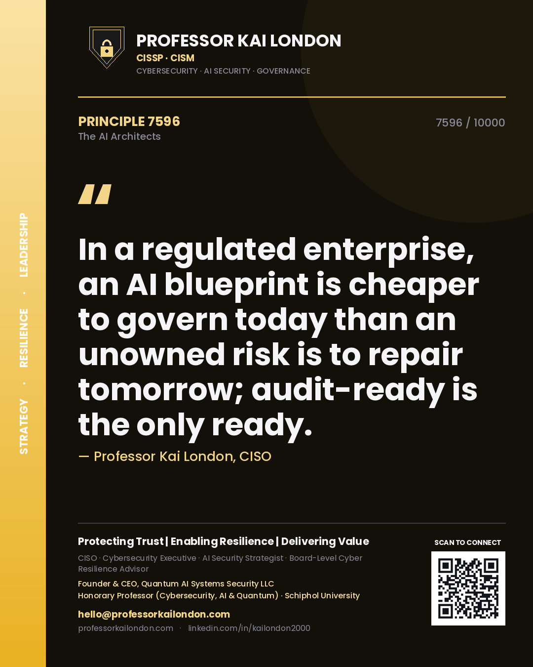 Professor Kai London principle 7596: In a regulated enterprise, an AI blueprint is cheaper to govern today than an unowned risk is to repair tomorrow; audit-ready is the only ready.