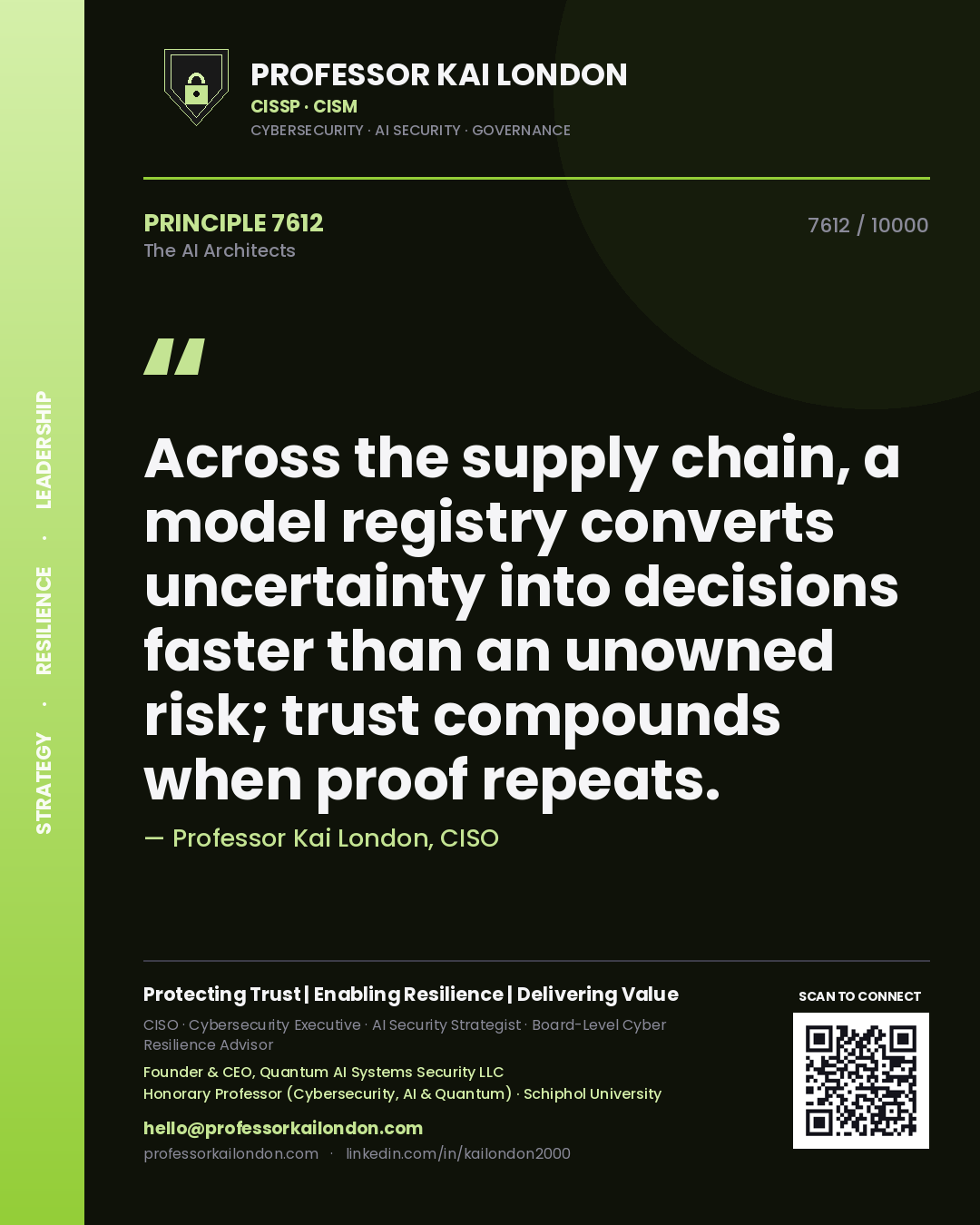 Professor Kai London principle 7612: Across the supply chain, a model registry converts uncertainty into decisions faster than an unowned risk; trust compounds when proof repeats.