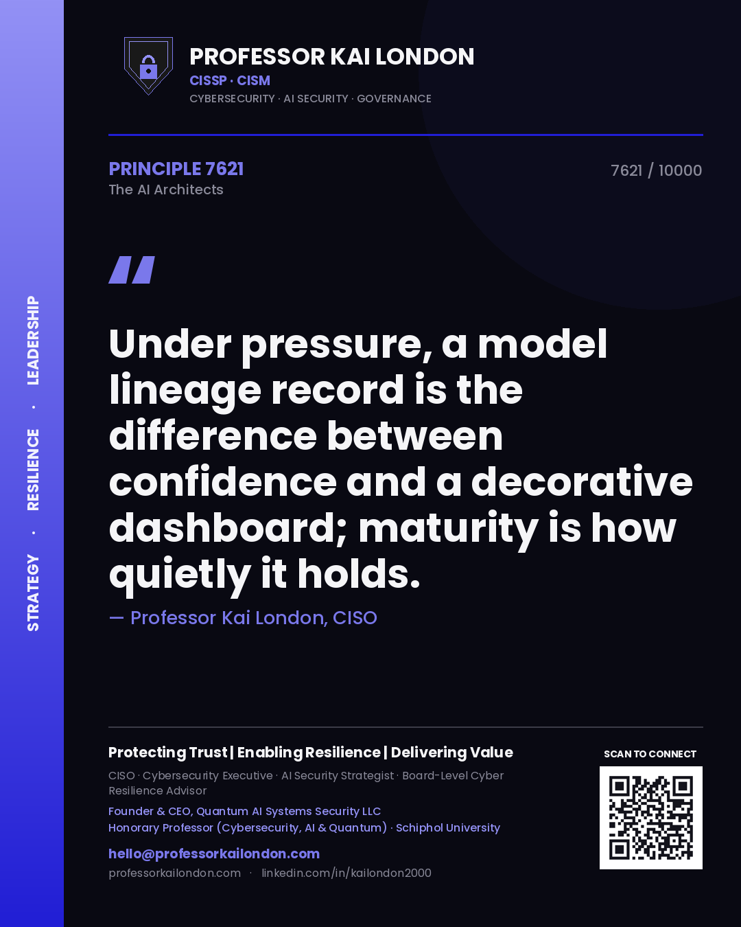 Professor Kai London principle 7621: Under pressure, a model lineage record is the difference between confidence and a decorative dashboard; maturity is how quietly it holds.