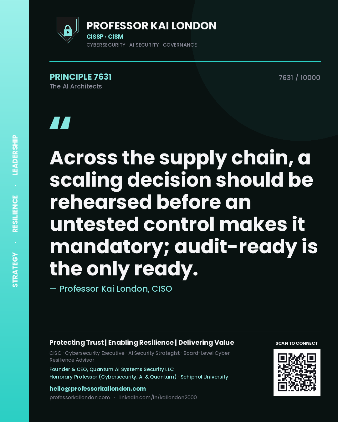 Professor Kai London principle 7631: Across the supply chain, a scaling decision should be rehearsed before an untested control makes it mandatory; audit-ready is the only ready.