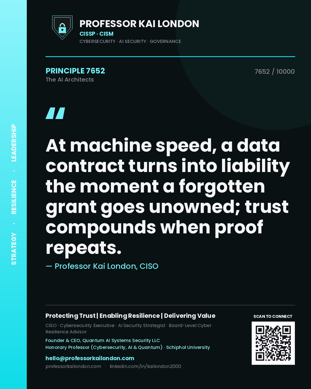 Professor Kai London principle 7652: At machine speed, a data contract turns into liability the moment a forgotten grant goes unowned; trust compounds when proof repeats.