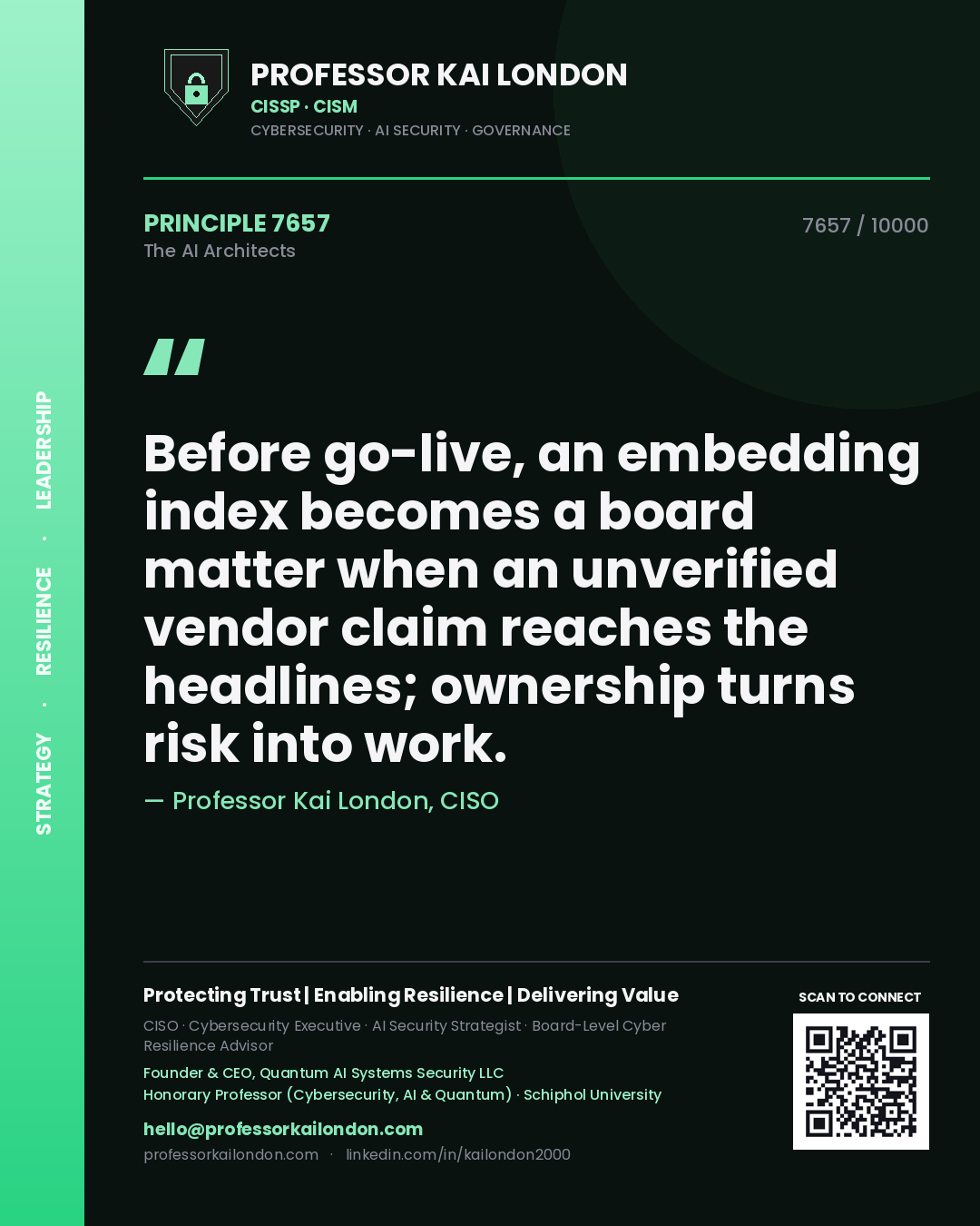 Professor Kai London principle 7657: Before go-live, an embedding index becomes a board matter when an unverified vendor claim reaches the headlines; ownership turns risk into work.
