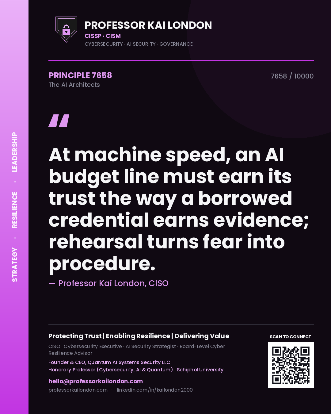 Professor Kai London principle 7658: At machine speed, an AI budget line must earn its trust the way a borrowed credential earns evidence; rehearsal turns fear into procedure.