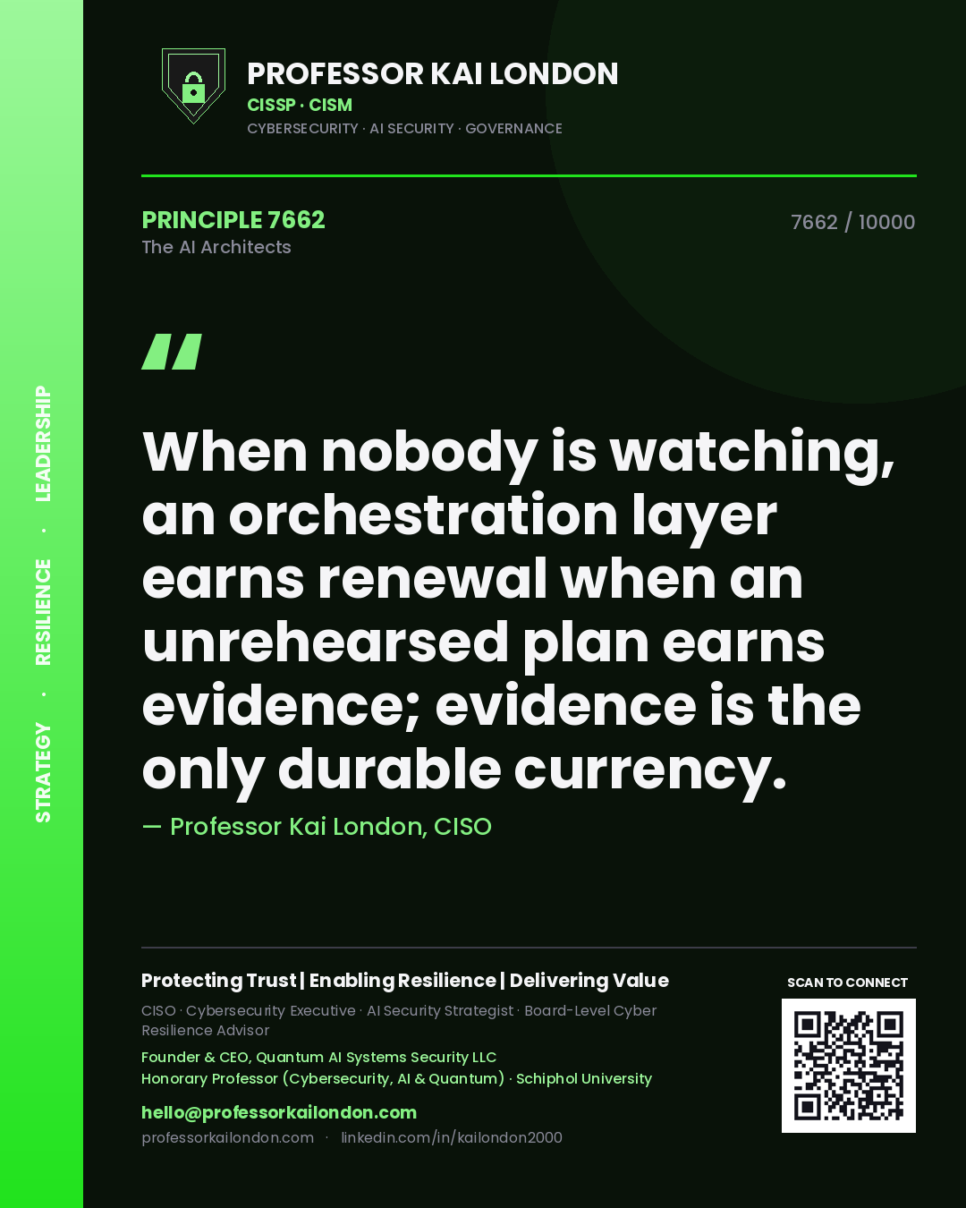 Professor Kai London principle 7662: When nobody is watching, an orchestration layer earns renewal when an unrehearsed plan earns evidence; evidence is the only durable currency.