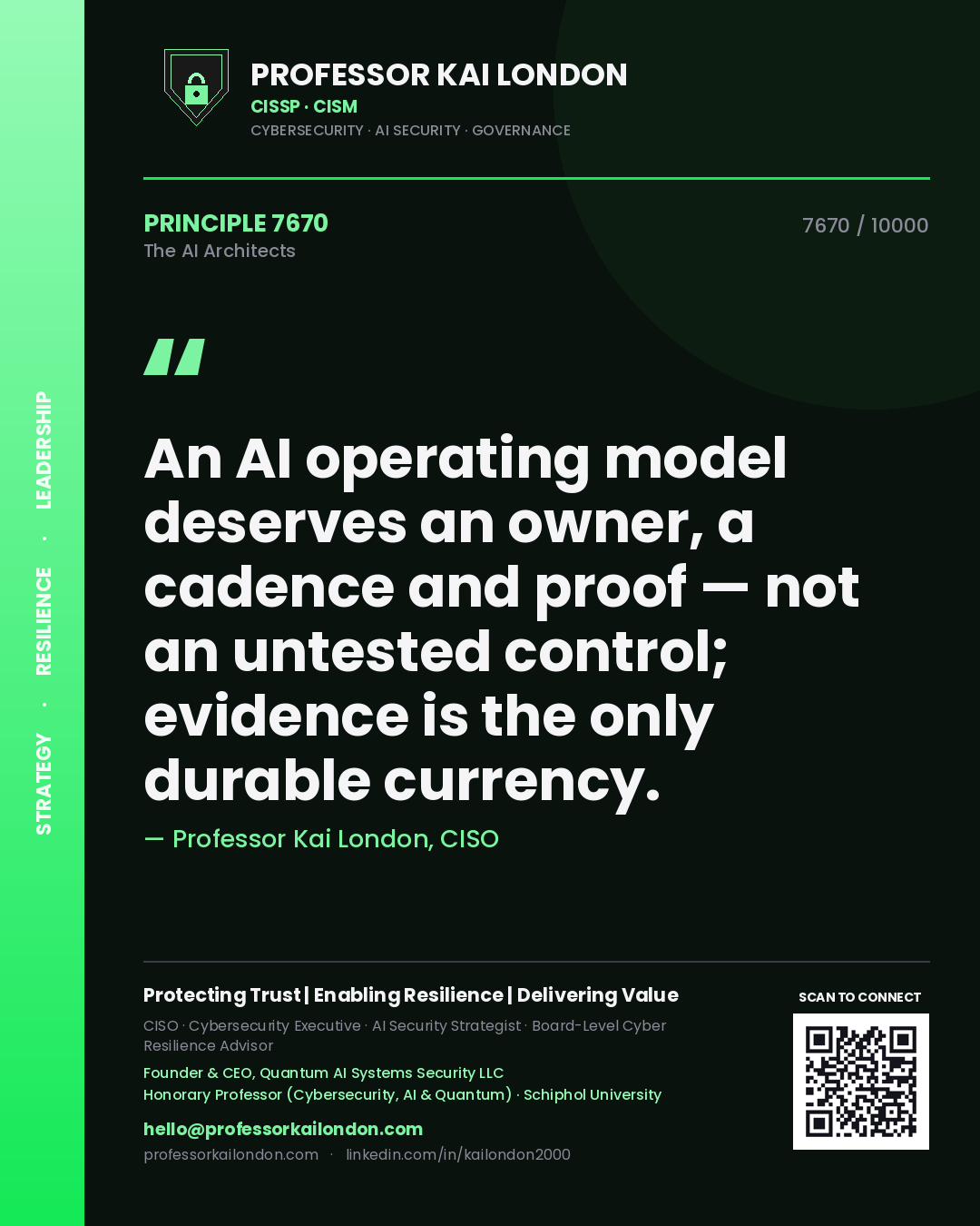 Professor Kai London principle 7670: An AI operating model deserves an owner, a cadence and proof — not an untested control; evidence is the only durable currency.