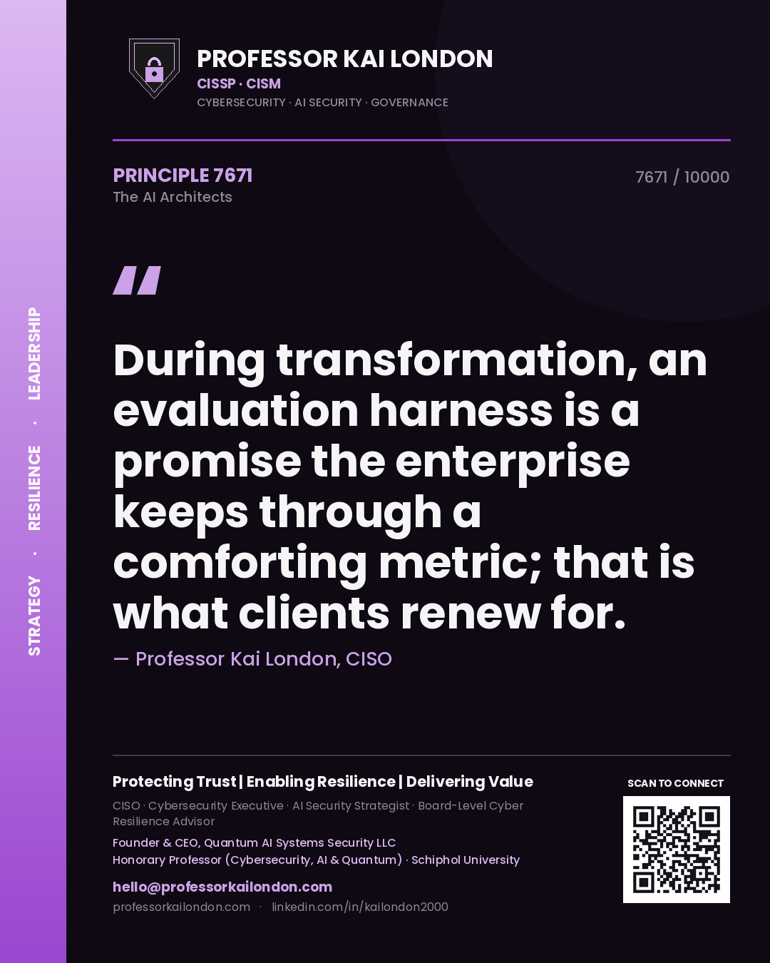 Professor Kai London principle 7671: During transformation, an evaluation harness is a promise the enterprise keeps through a comforting metric; that is what clients renew for.