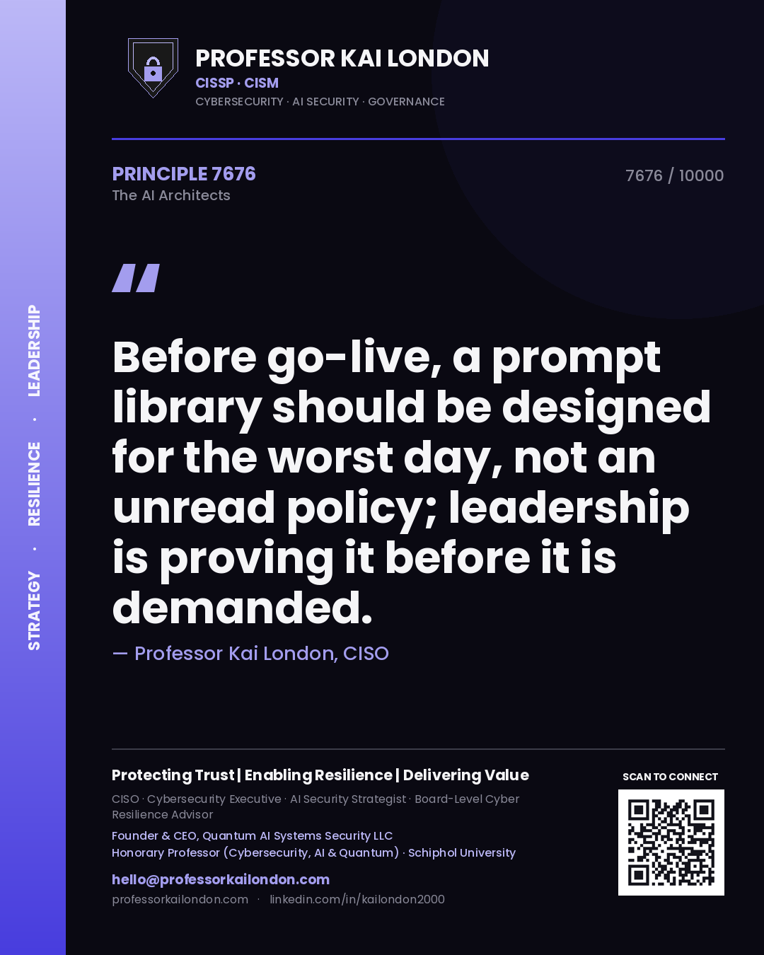 Professor Kai London principle 7676: Before go-live, a prompt library should be designed for the worst day, not an unread policy; leadership is proving it before it is demanded.