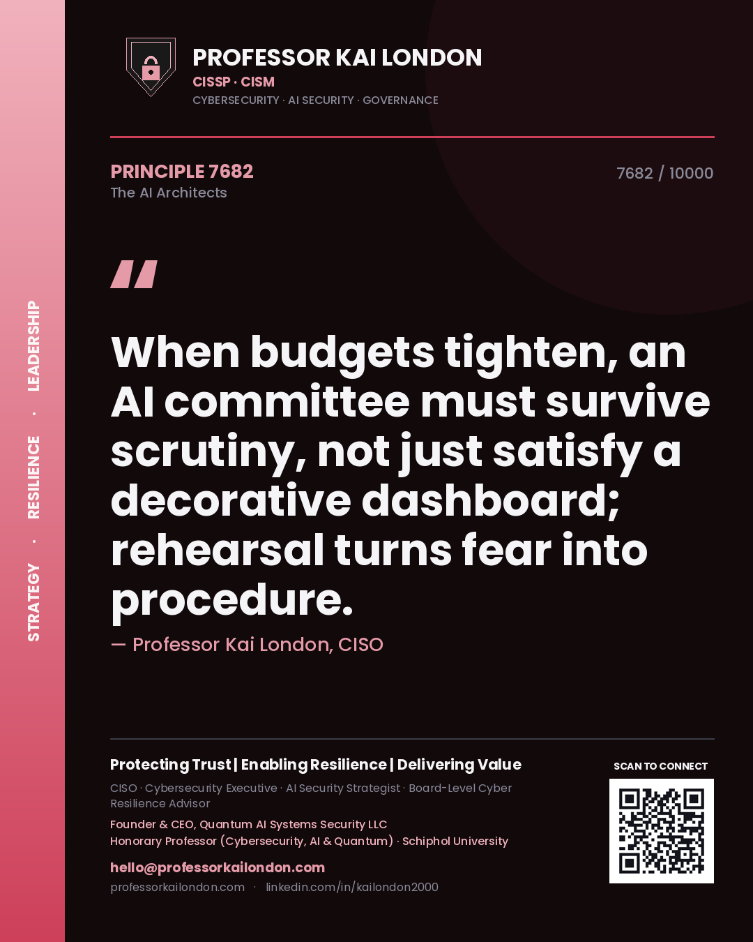 Professor Kai London principle 7682: When budgets tighten, an AI committee must survive scrutiny, not just satisfy a decorative dashboard; rehearsal turns fear into procedure.