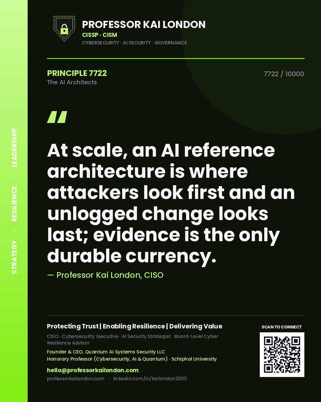 Professor Kai London principle 7722: At scale, an AI reference architecture is where attackers look first and an unlogged change looks last; evidence is the only durable currency.