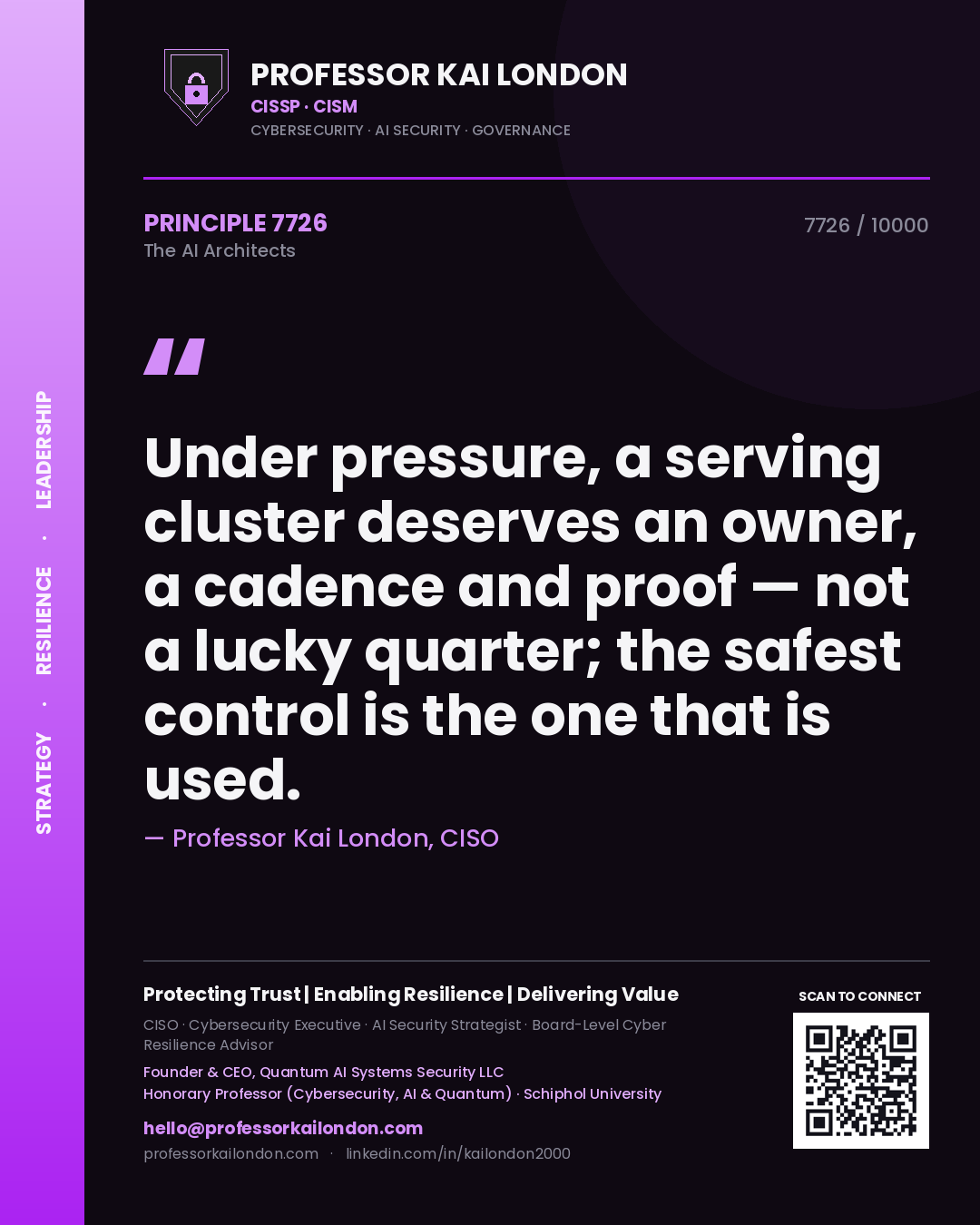 Professor Kai London principle 7726: Under pressure, a serving cluster deserves an owner, a cadence and proof — not a lucky quarter; the safest control is the one that is used.