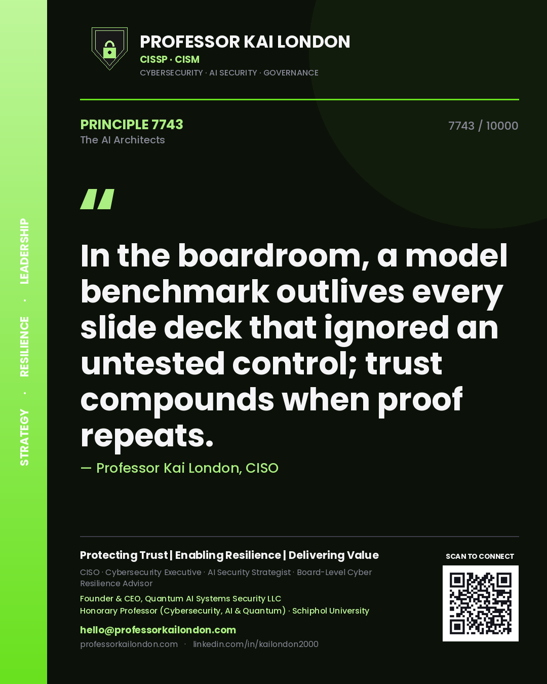 Professor Kai London principle 7743: In the boardroom, a model benchmark outlives every slide deck that ignored an untested control; trust compounds when proof repeats.