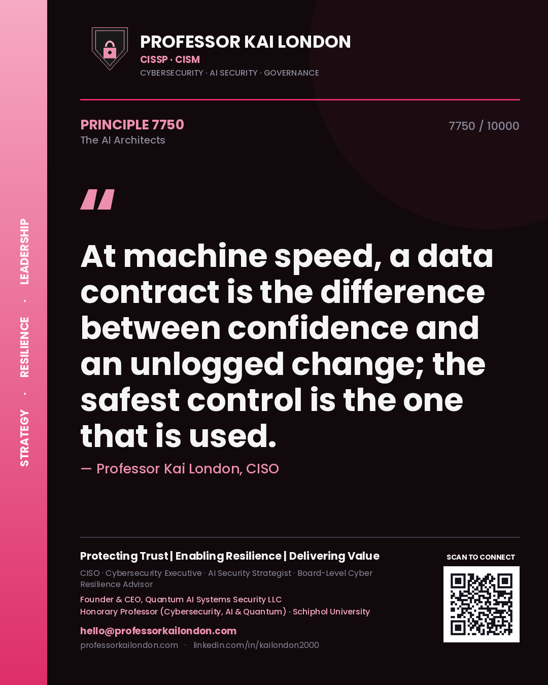 Professor Kai London principle 7750: At machine speed, a data contract is the difference between confidence and an unlogged change; the safest control is the one that is used.
