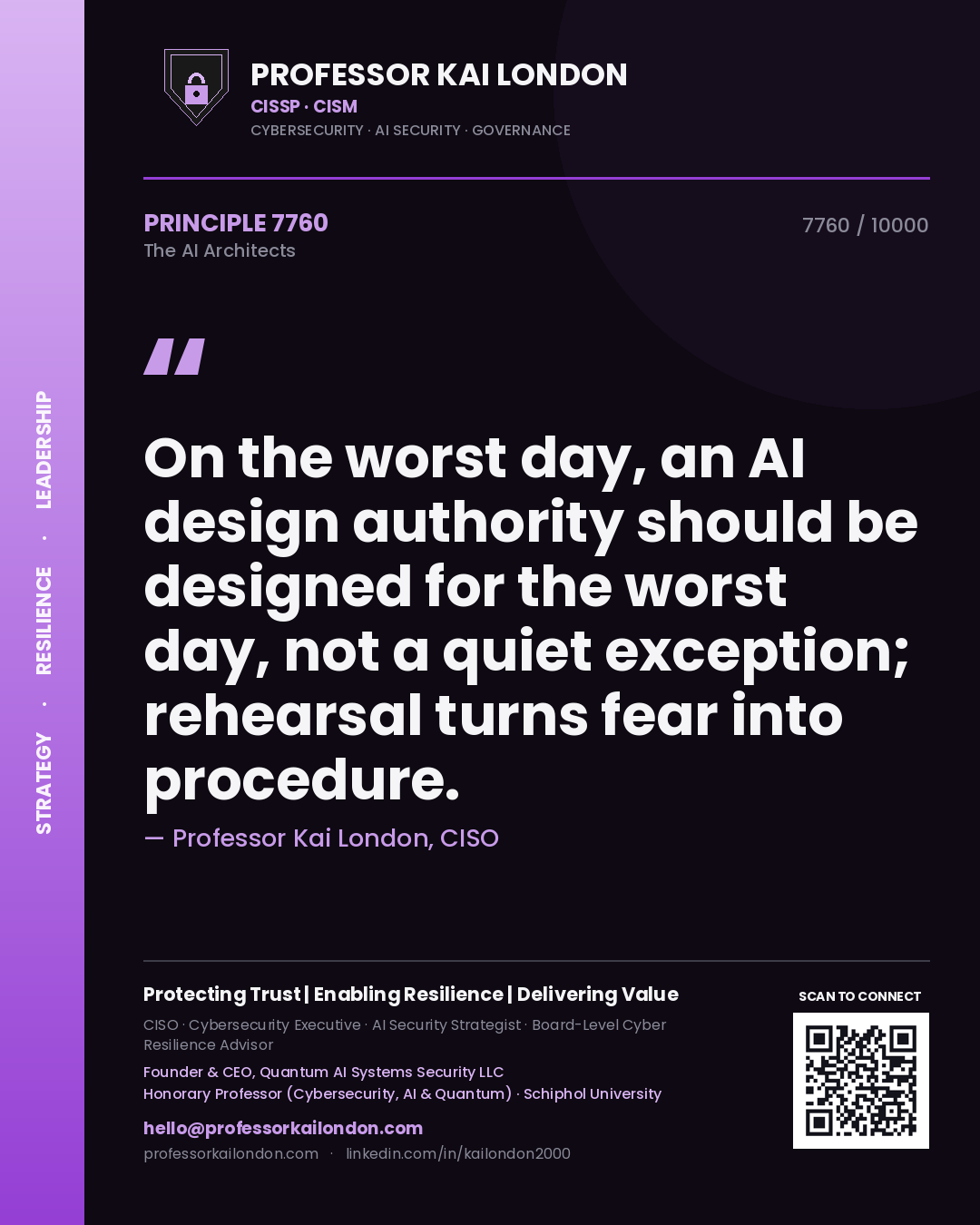 Professor Kai London principle 7760: On the worst day, an AI design authority should be designed for the worst day, not a quiet exception; rehearsal turns fear into procedure.