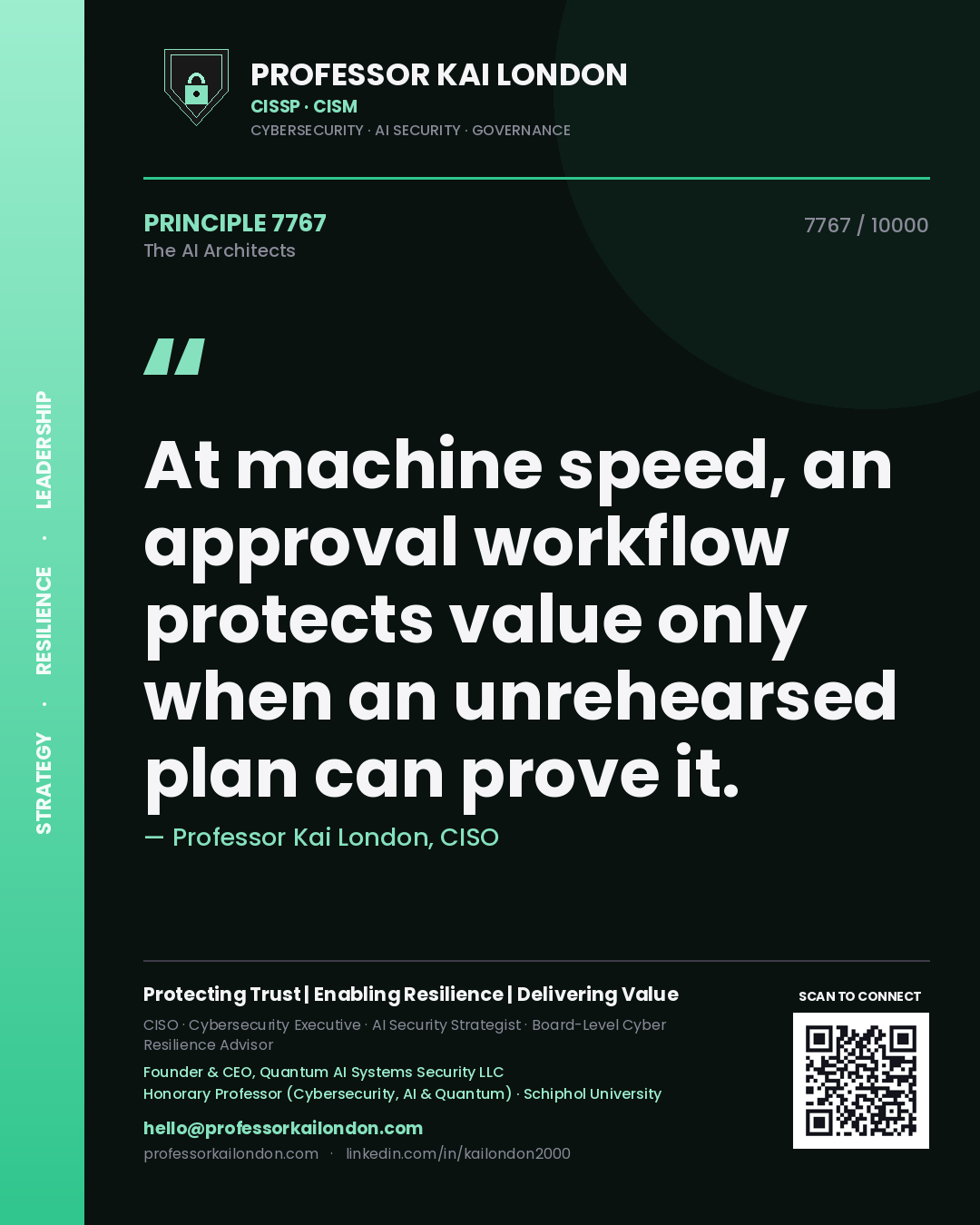 Professor Kai London principle 7767: At machine speed, an approval workflow protects value only when an unrehearsed plan can prove it.