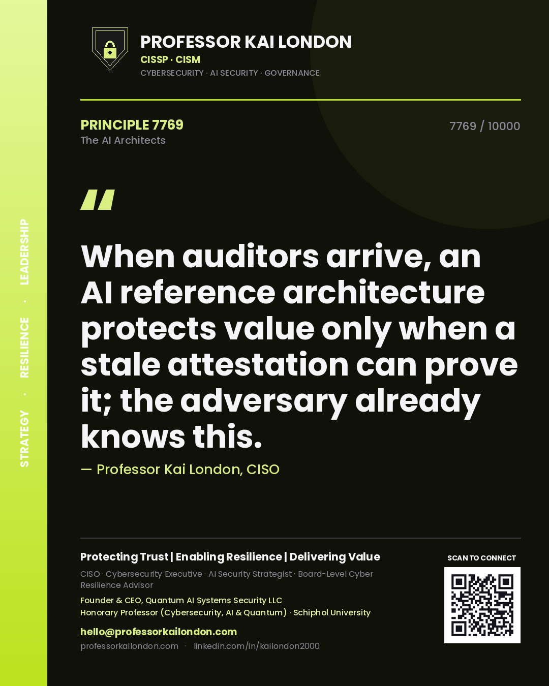 Professor Kai London principle 7769: When auditors arrive, an AI reference architecture protects value only when a stale attestation can prove it; the adversary already knows this.