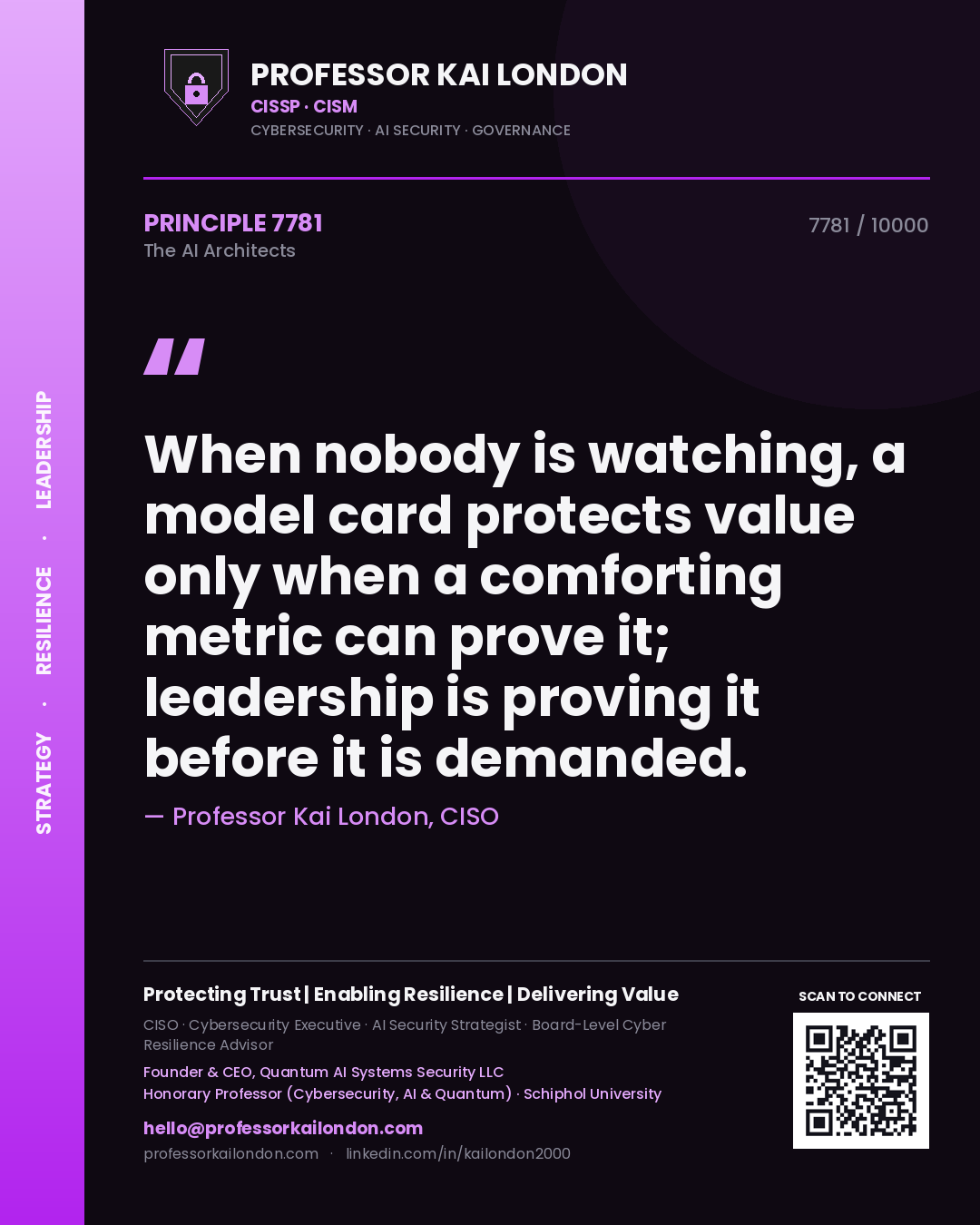 Professor Kai London principle 7781: When nobody is watching, a model card protects value only when a comforting metric can prove it; leadership is proving it before it is demanded.