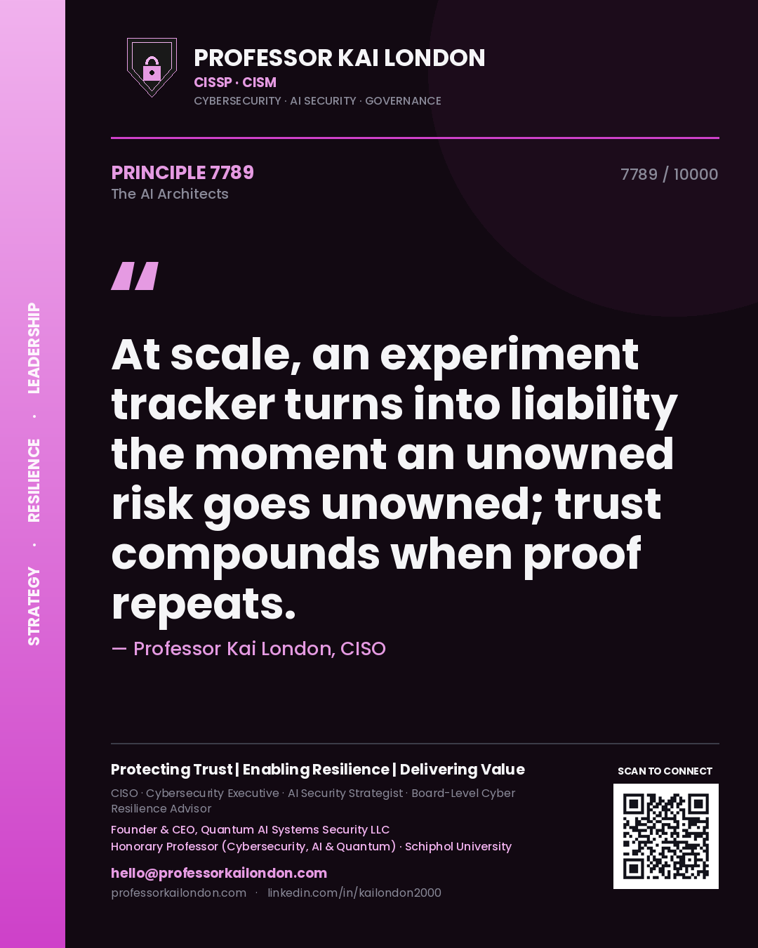 Professor Kai London principle 7789: At scale, an experiment tracker turns into liability the moment an unowned risk goes unowned; trust compounds when proof repeats.
