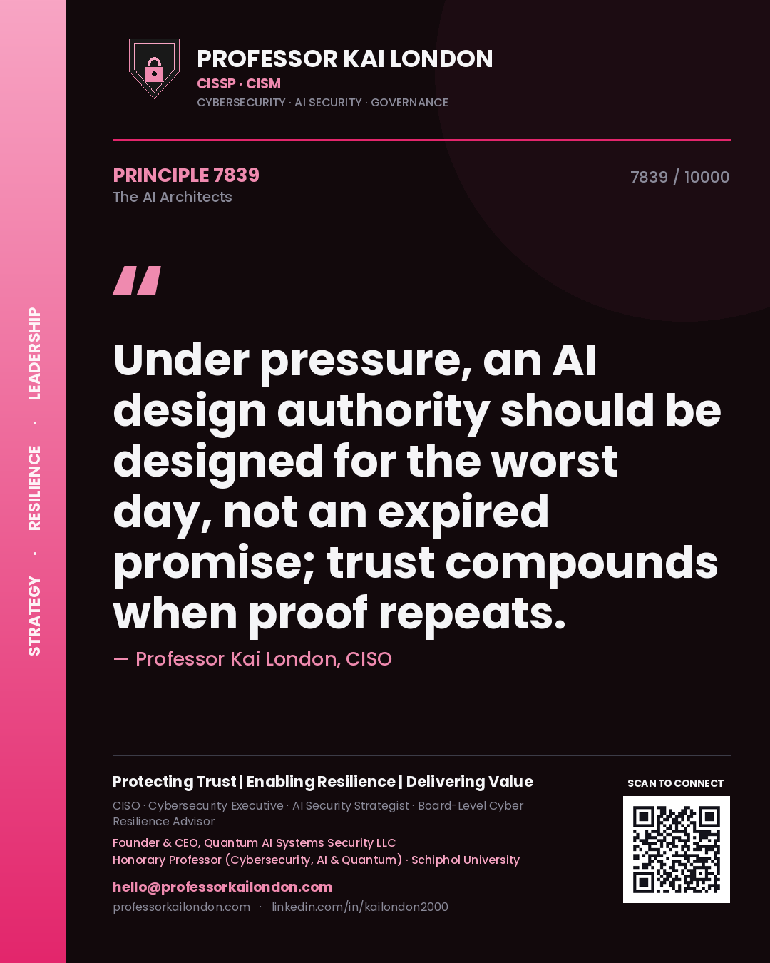 Professor Kai London principle 7839: Under pressure, an AI design authority should be designed for the worst day, not an expired promise; trust compounds when proof repeats.