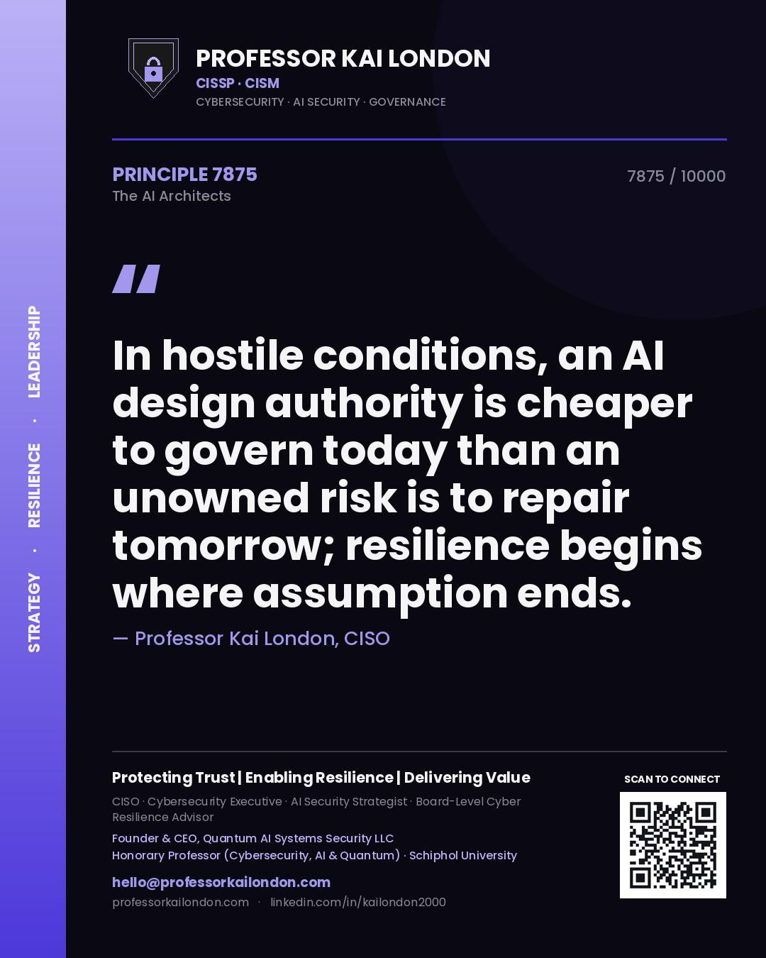 Professor Kai London principle 7875: In hostile conditions, an AI design authority is cheaper to govern today than an unowned risk is to repair tomorrow; resilience begins where assumption ends.