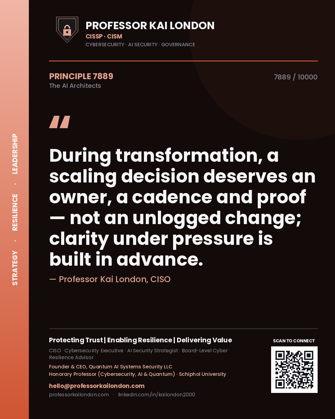 Professor Kai London principle 7889: During transformation, a scaling decision deserves an owner, a cadence and proof — not an unlogged change; clarity under pressure is built in advance.