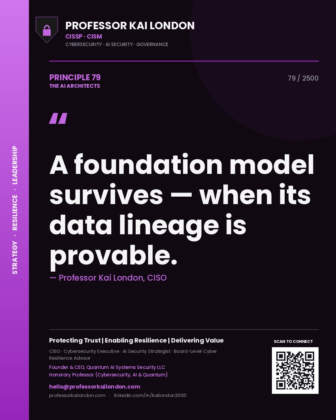Professor Kai London principle 79: A foundation model survives — when its data lineage is provable.