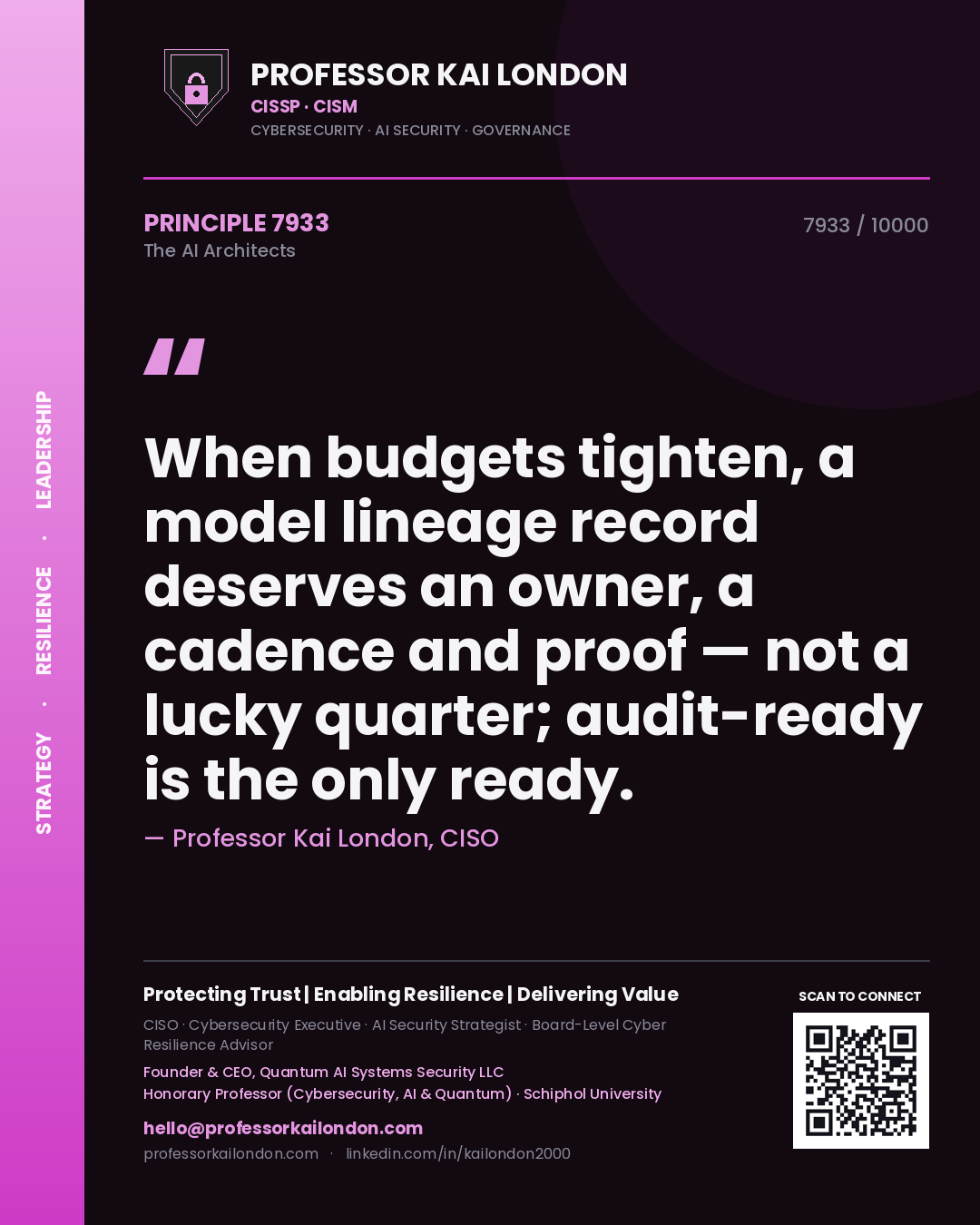 Professor Kai London principle 7933: When budgets tighten, a model lineage record deserves an owner, a cadence and proof — not a lucky quarter; audit-ready is the only ready.