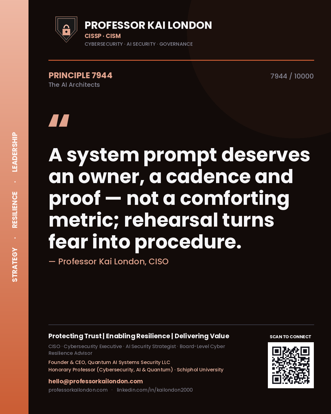 Professor Kai London principle 7944: A system prompt deserves an owner, a cadence and proof — not a comforting metric; rehearsal turns fear into procedure.