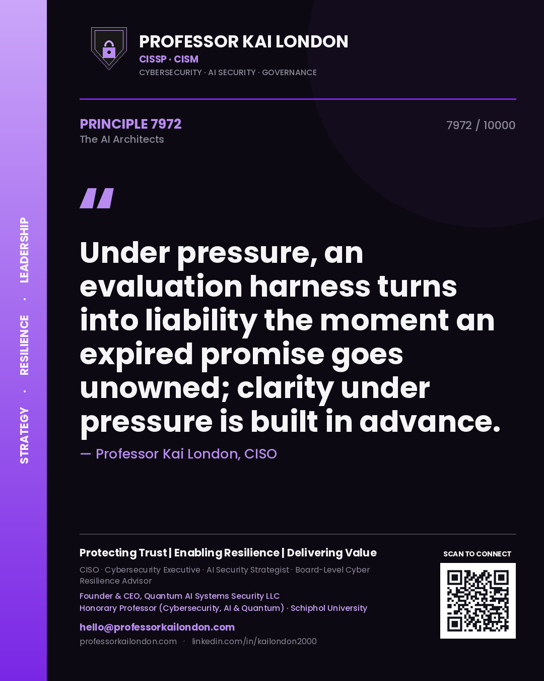 Professor Kai London principle 7972: Under pressure, an evaluation harness turns into liability the moment an expired promise goes unowned; clarity under pressure is built in advance.