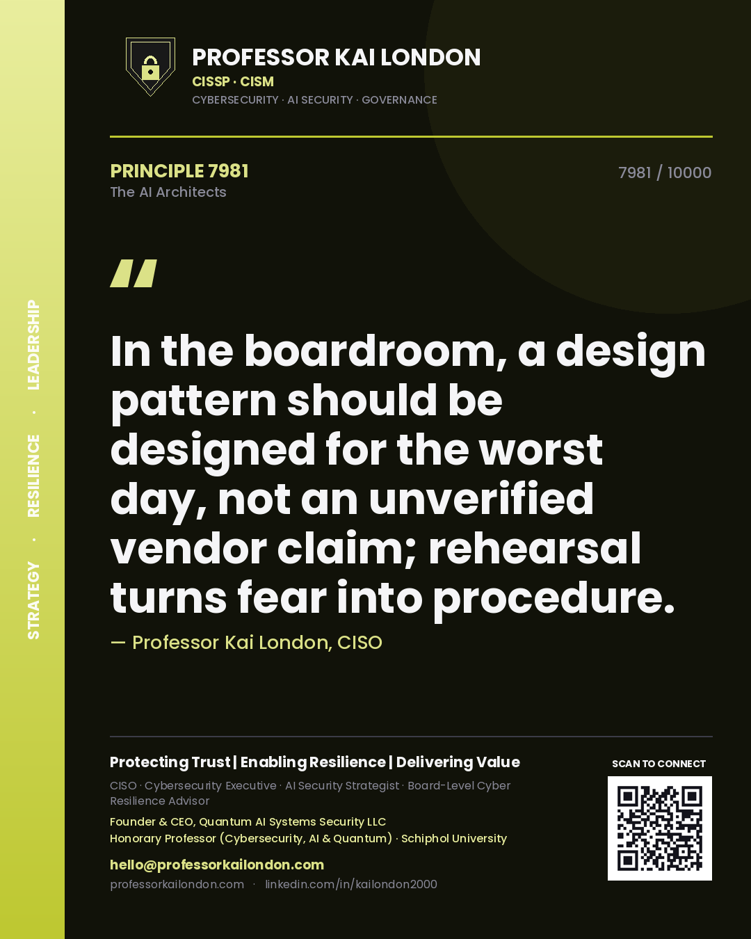 Professor Kai London principle 7981: In the boardroom, a design pattern should be designed for the worst day, not an unverified vendor claim; rehearsal turns fear into procedure.