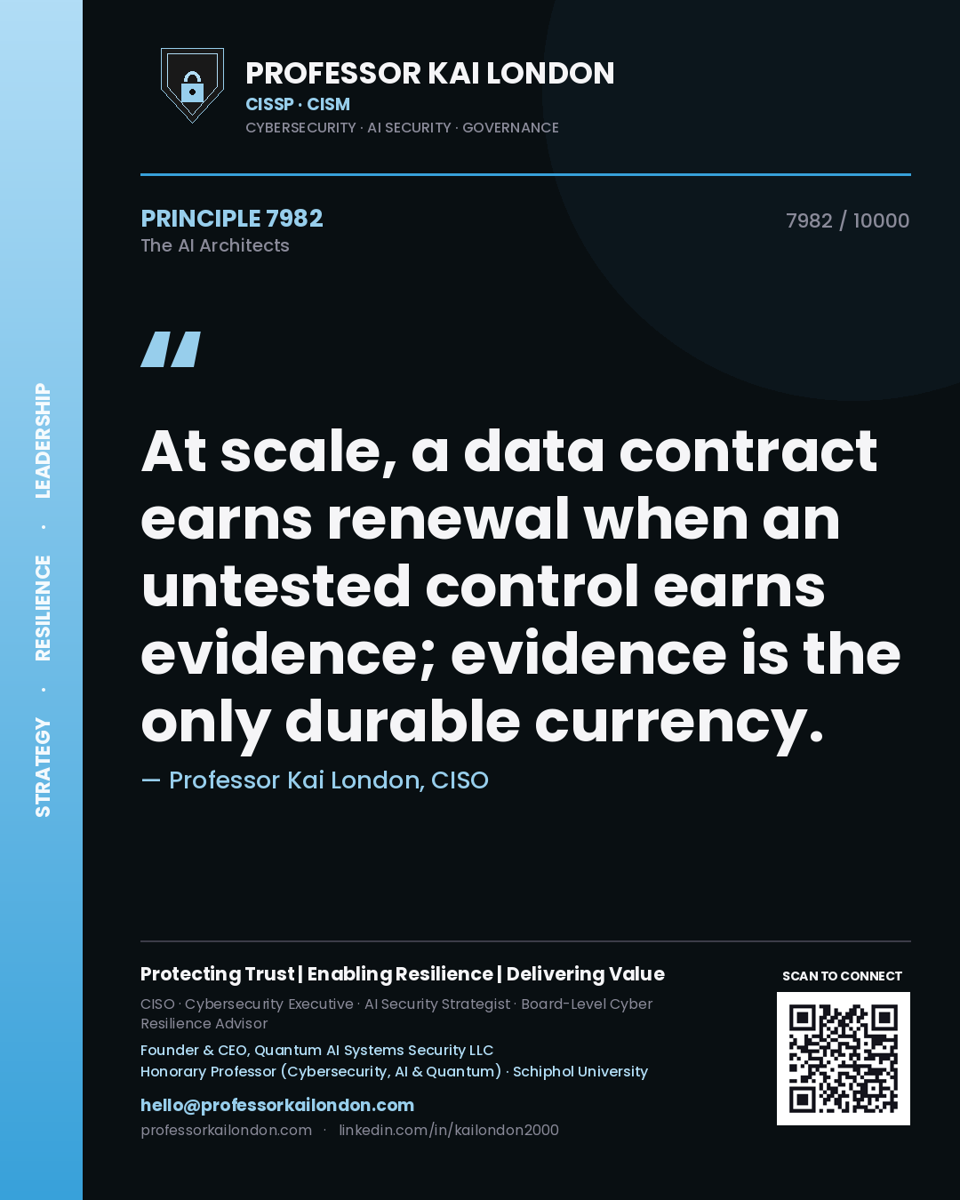 Professor Kai London principle 7982: At scale, a data contract earns renewal when an untested control earns evidence; evidence is the only durable currency.