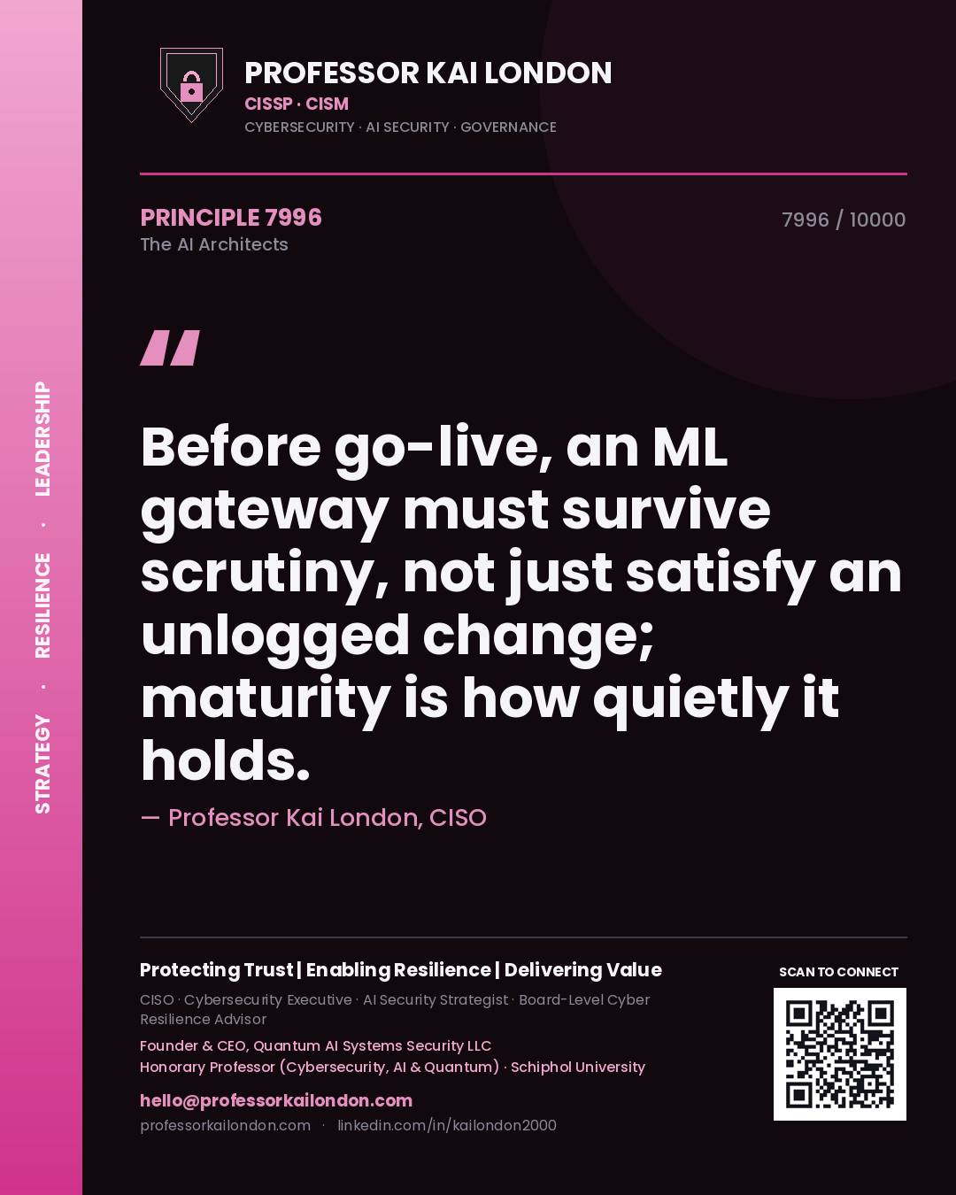 Professor Kai London principle 7996: Before go-live, an ML gateway must survive scrutiny, not just satisfy an unlogged change; maturity is how quietly it holds.