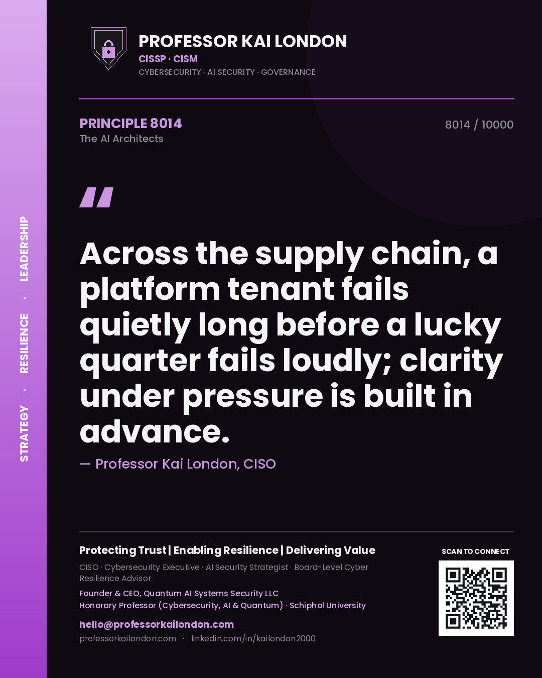 Professor Kai London principle 8014: Across the supply chain, a platform tenant fails quietly long before a lucky quarter fails loudly; clarity under pressure is built in advance.