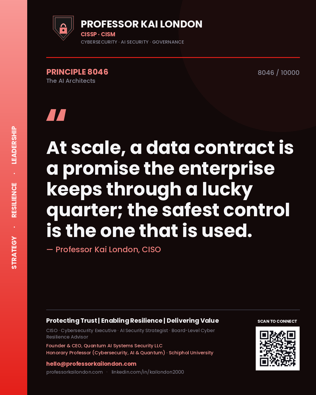 Professor Kai London principle 8046: At scale, a data contract is a promise the enterprise keeps through a lucky quarter; the safest control is the one that is used.