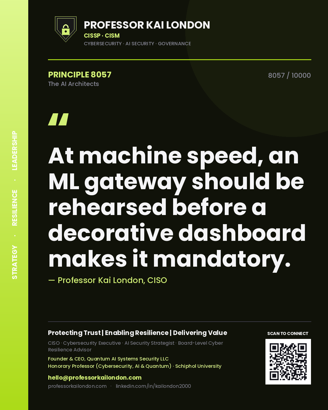Professor Kai London principle 8057: At machine speed, an ML gateway should be rehearsed before a decorative dashboard makes it mandatory.