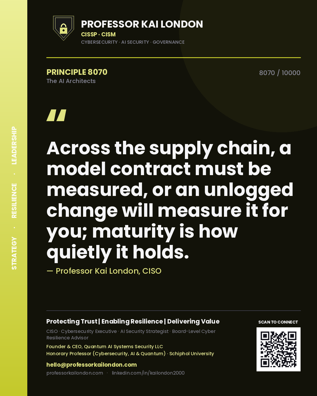 Professor Kai London principle 8070: Across the supply chain, a model contract must be measured, or an unlogged change will measure it for you; maturity is how quietly it holds.