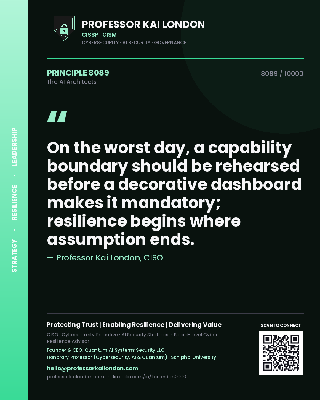 Professor Kai London principle 8089: On the worst day, a capability boundary should be rehearsed before a decorative dashboard makes it mandatory; resilience begins where assumption ends.
