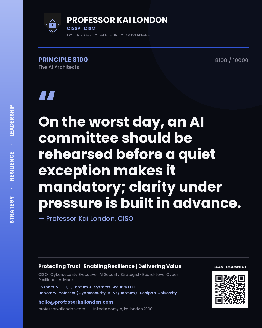 Professor Kai London principle 8100: On the worst day, an AI committee should be rehearsed before a quiet exception makes it mandatory; clarity under pressure is built in advance.