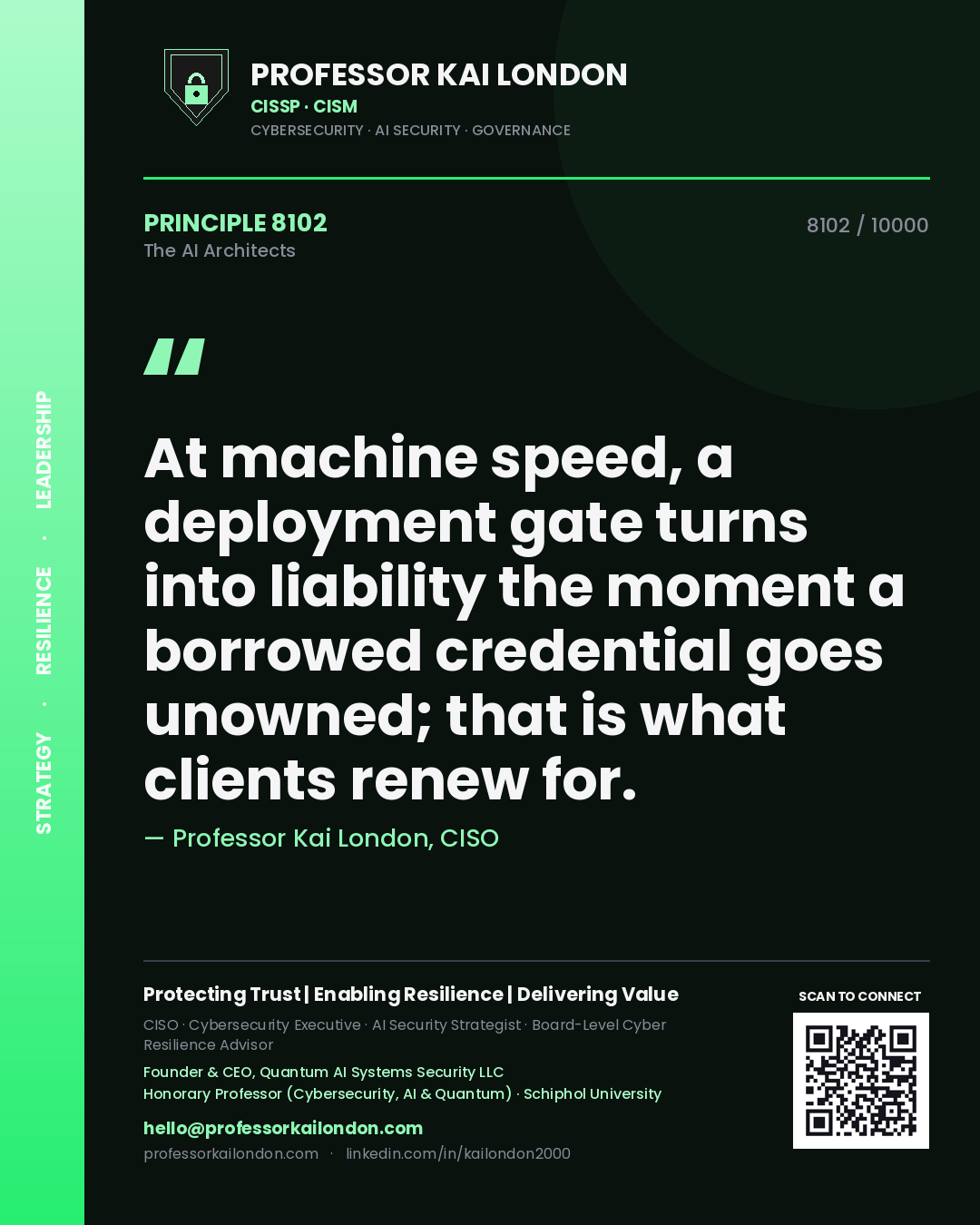Professor Kai London principle 8102: At machine speed, a deployment gate turns into liability the moment a borrowed credential goes unowned; that is what clients renew for.