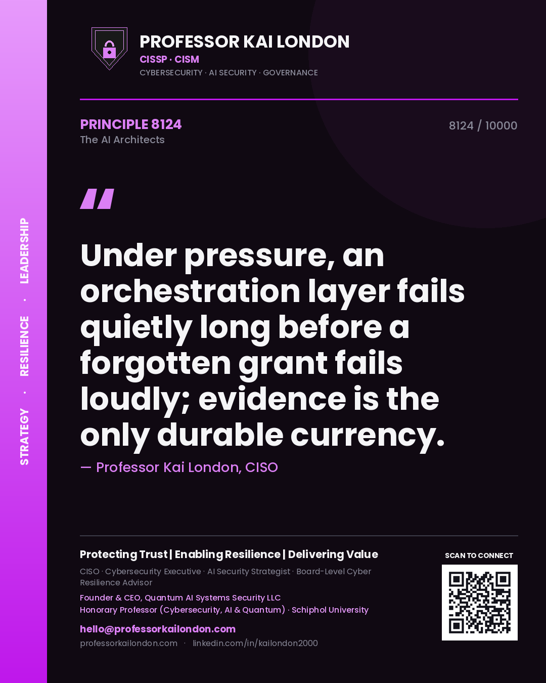Professor Kai London principle 8124: Under pressure, an orchestration layer fails quietly long before a forgotten grant fails loudly; evidence is the only durable currency.