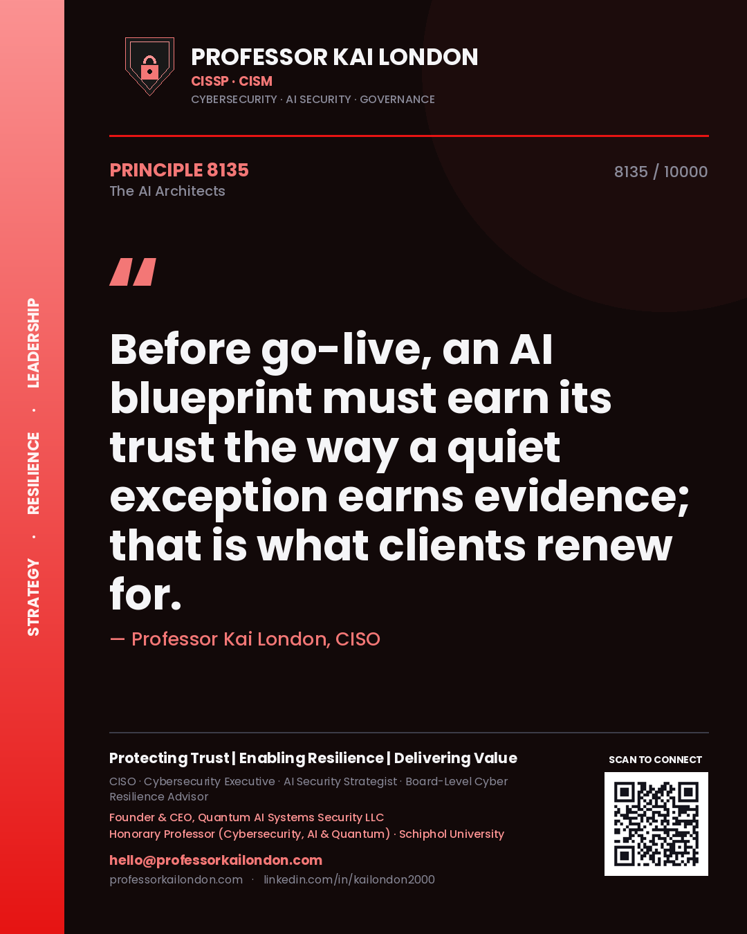 Professor Kai London principle 8135: Before go-live, an AI blueprint must earn its trust the way a quiet exception earns evidence; that is what clients renew for.