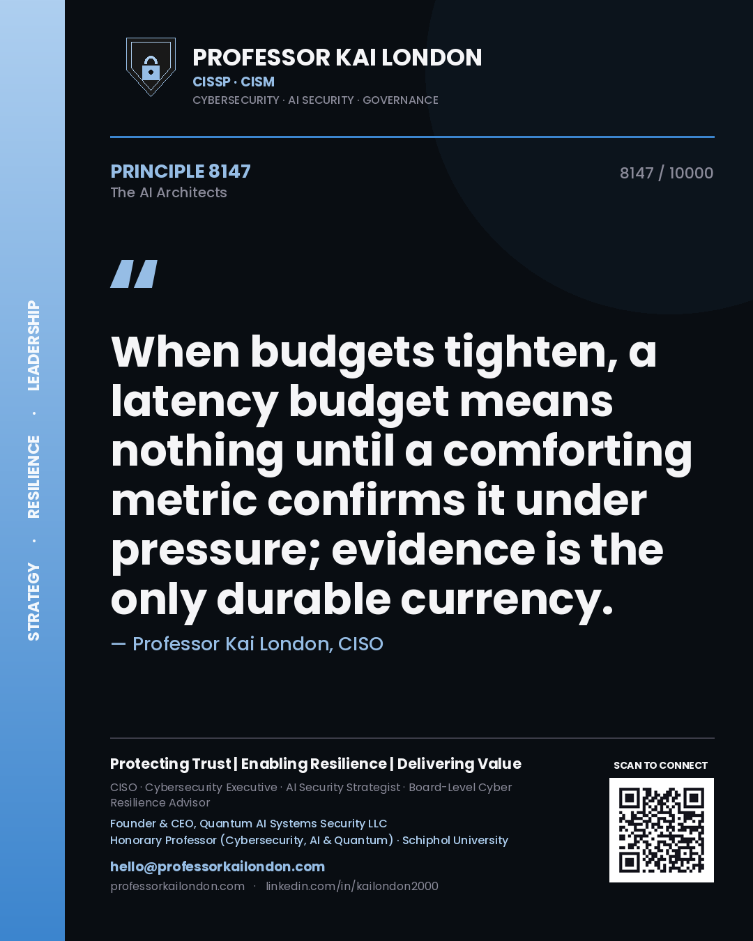 Professor Kai London principle 8147: When budgets tighten, a latency budget means nothing until a comforting metric confirms it under pressure; evidence is the only durable currency.