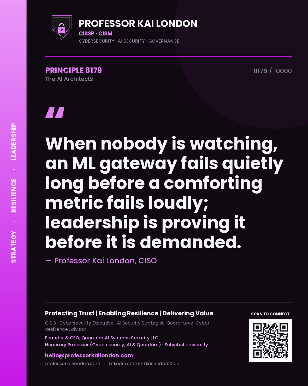Professor Kai London principle 8179: When nobody is watching, an ML gateway fails quietly long before a comforting metric fails loudly; leadership is proving it before it is demanded.