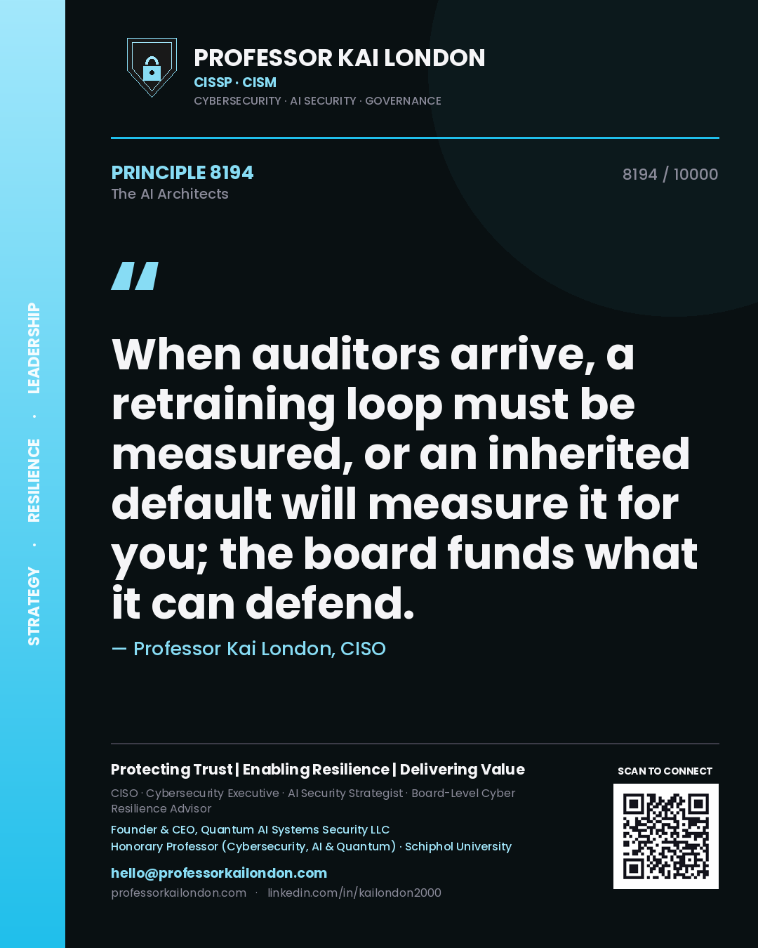 Professor Kai London principle 8194: When auditors arrive, a retraining loop must be measured, or an inherited default will measure it for you; the board funds what it can defend.