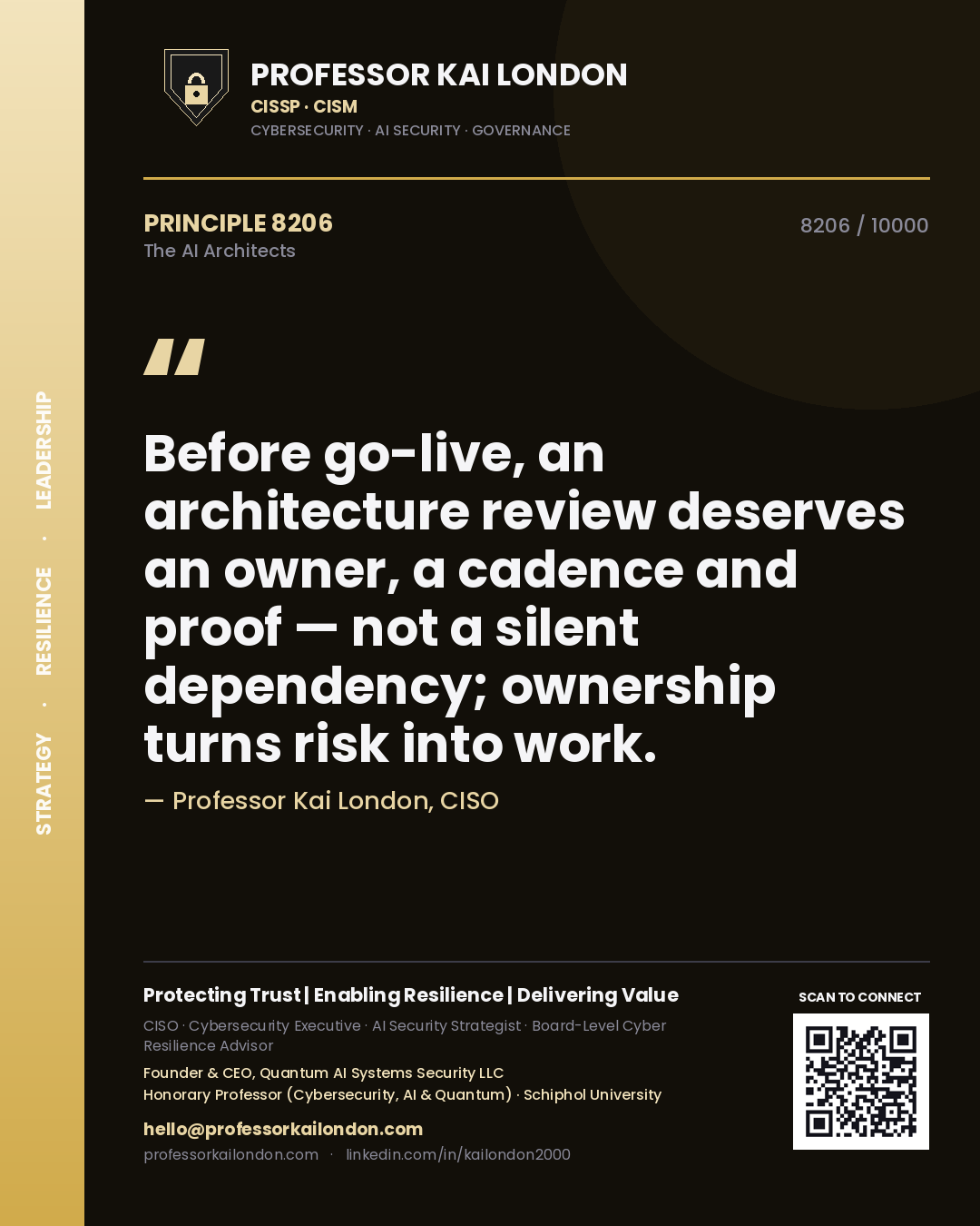 Professor Kai London principle 8206: Before go-live, an architecture review deserves an owner, a cadence and proof — not a silent dependency; ownership turns risk into work.