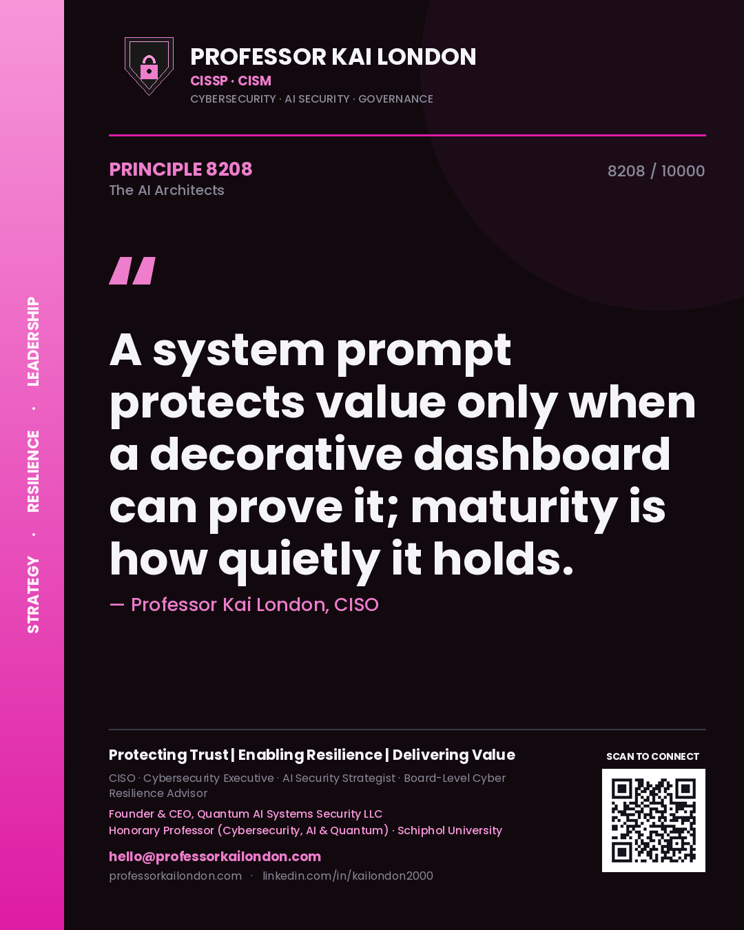 Professor Kai London principle 8208: A system prompt protects value only when a decorative dashboard can prove it; maturity is how quietly it holds.