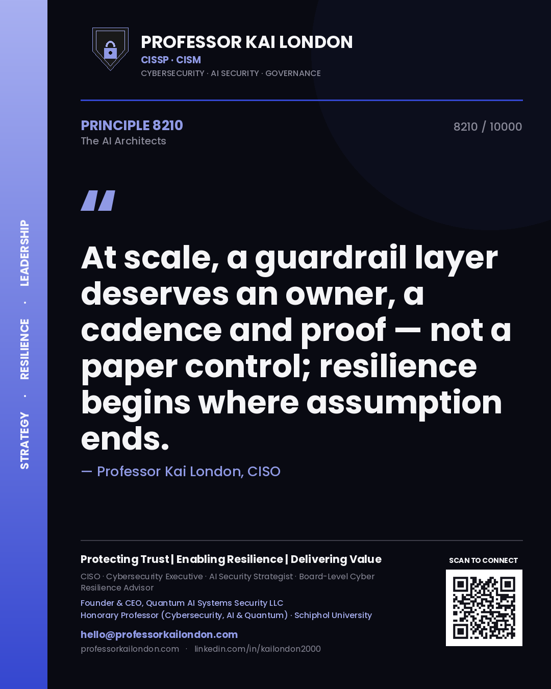 Professor Kai London principle 8210: At scale, a guardrail layer deserves an owner, a cadence and proof — not a paper control; resilience begins where assumption ends.